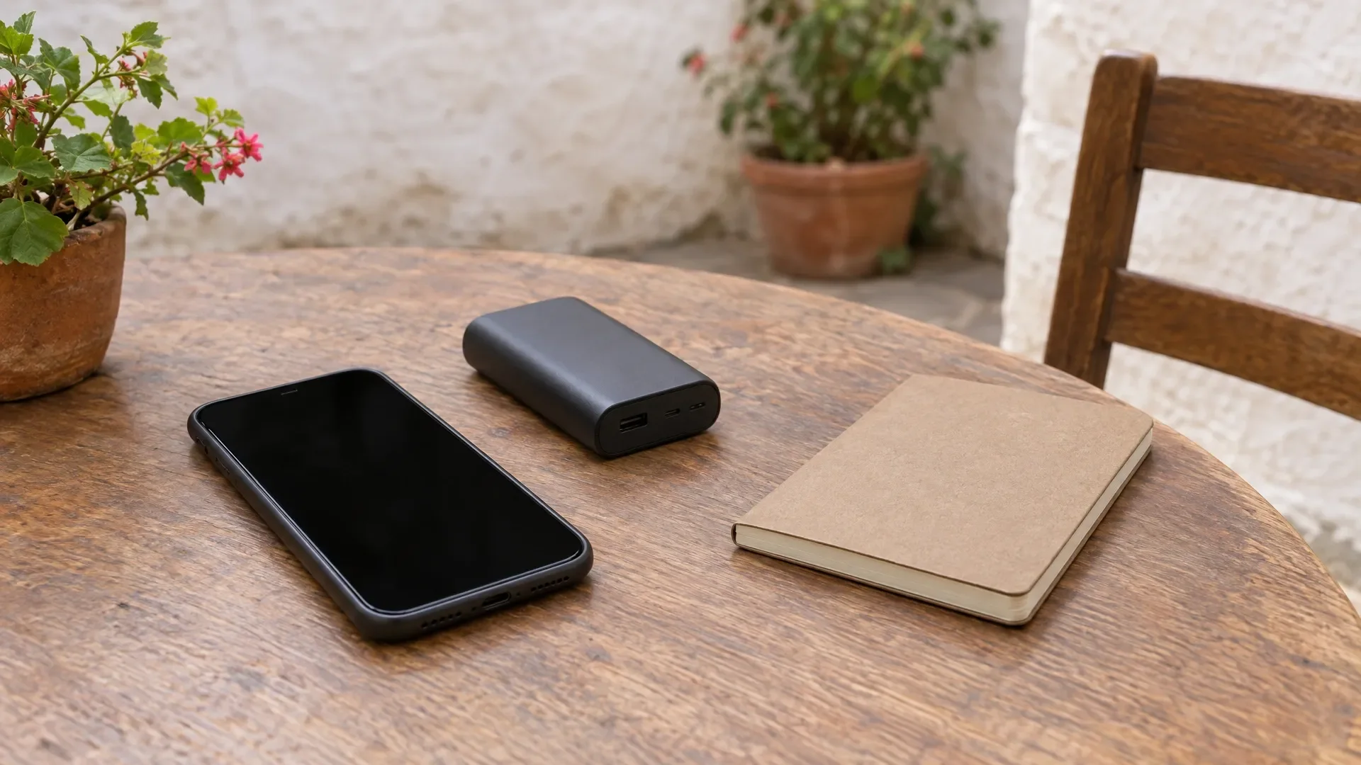 Illustration of a phone, power bank and notebook on a table.