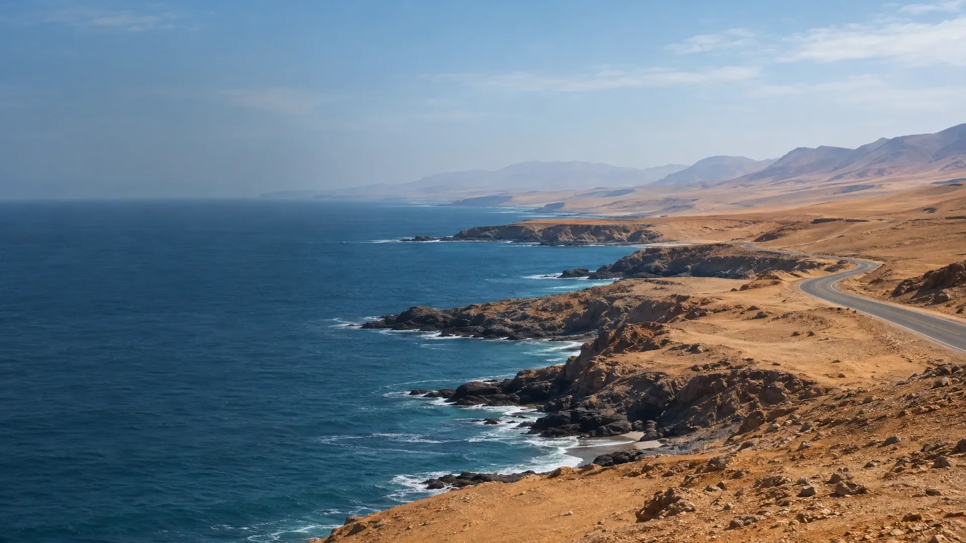 AI-generated illustrative scene: A winding road along a desert coast.