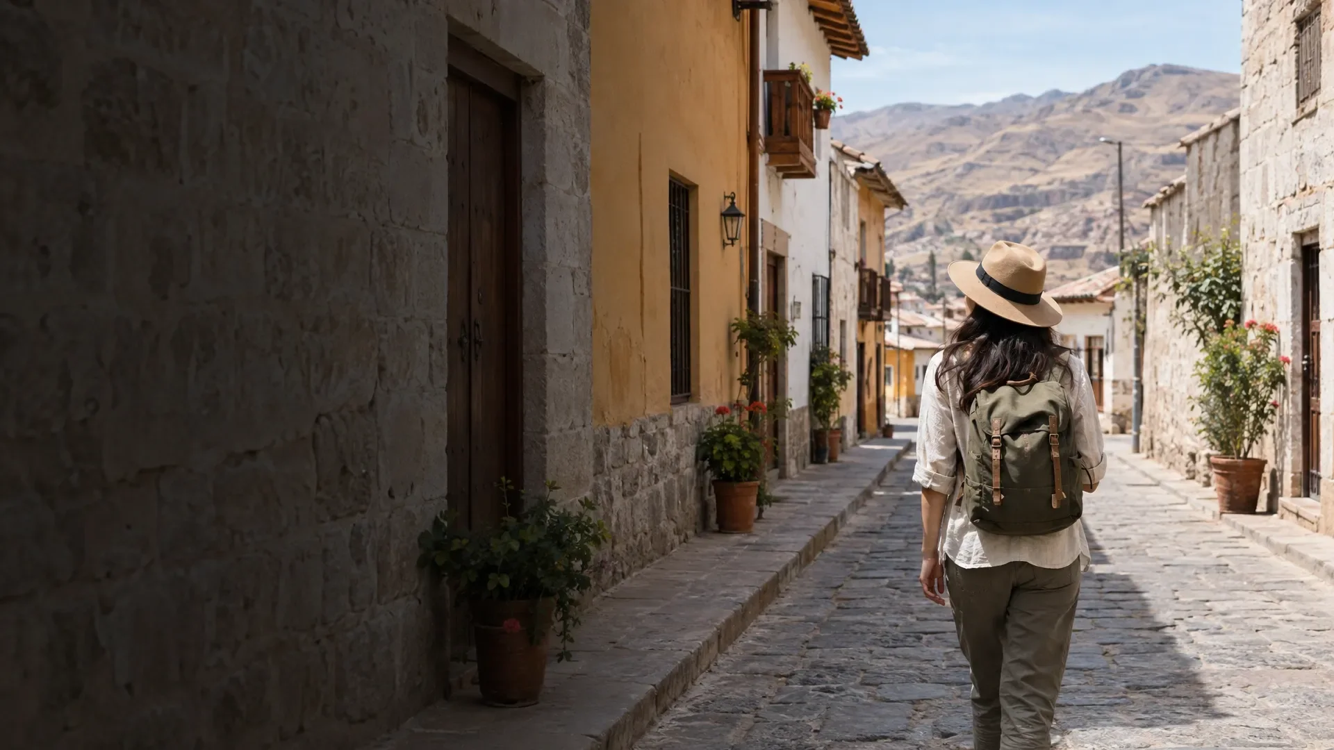AI-generated illustrative scene: A street lined with houses in an Andean town.