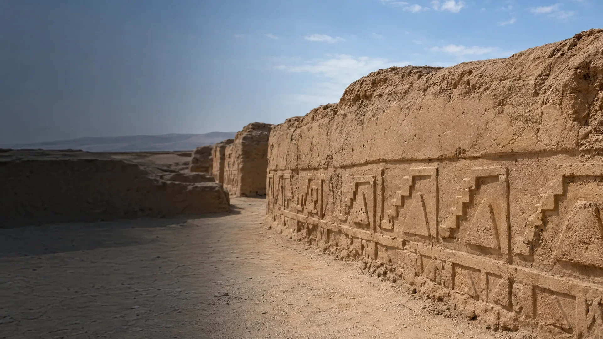 Escena ilustrativa generada con IA: Un muro arqueológico de adobe inspirado en la arquitectura preincaica.