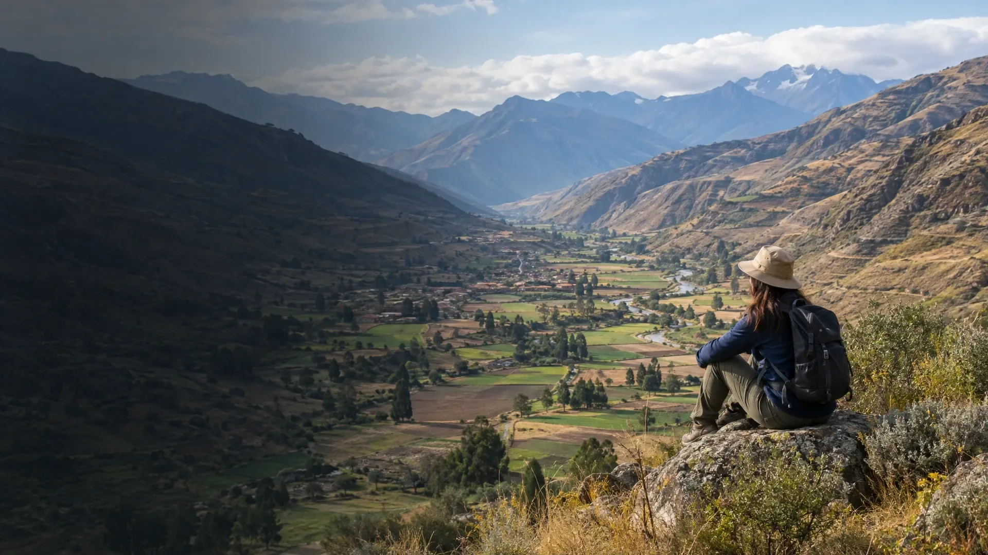 AI-generated illustrative scene: A broad Andean valley between mountain slopes.