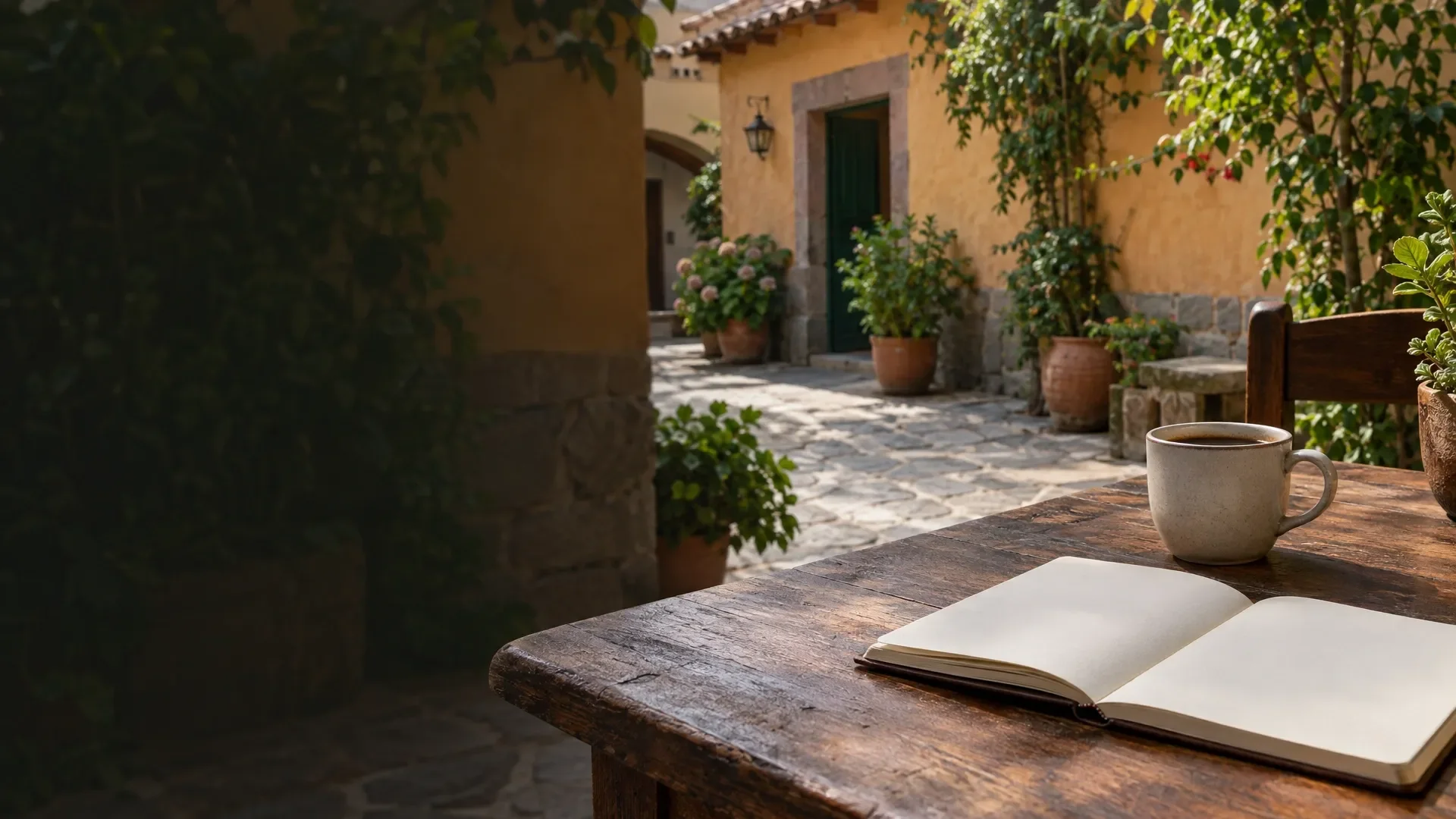 Escena ilustrativa generada con IA: Un cuaderno de viaje sobre una mesa en un patio.